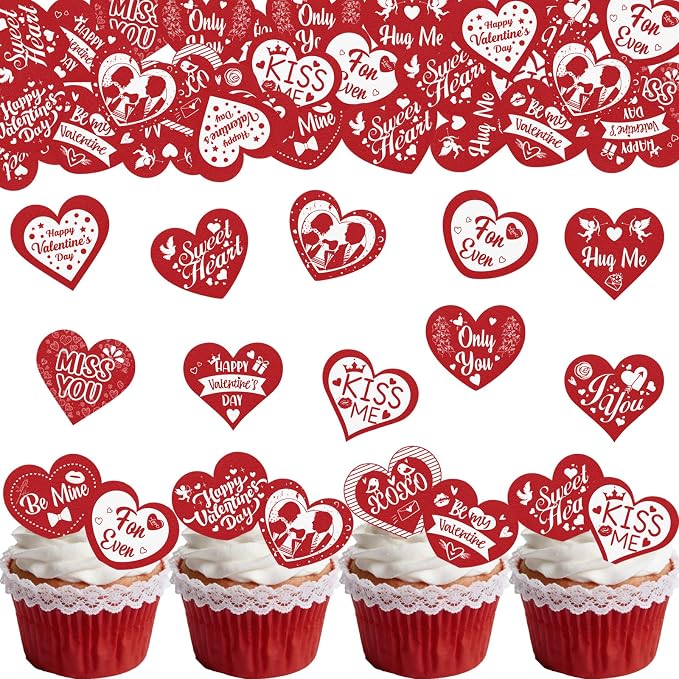 70PCS Edible Heart Cupcake Toppers Wafer Paper Red Sweet Love Be Mine Kiss Me Heart Cupcake Picks Valentine’s Cake Decor for Valentine's Day Theme Wedding Party Supplies