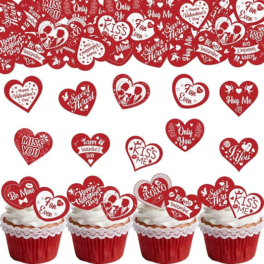 70PCS Edible Heart Cupcake Toppers Wafer Paper Red Sweet Love Be Mine Kiss Me Heart Cupcake Picks Valentine’s Cake Decor for Valentine's Day Theme Wedding Party Supplies