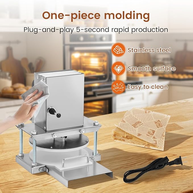 8.6" Electric Pizza Dough Press Machine– Stainless Steel Electric Dough Sheeter for Bakery, Home & Commercial Use, Electric Pizza Press for 1-2 People Includes 400 Parchment Paper
