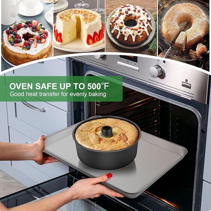 P&P CHEF Angel Food Cake Pan, 10 Inch Cake Pan Round Baking Tube Tin for Baking Pound Cakes, Conical Hollow & One-piece Design, Stainless Steel Core & Heavy-duty, Oven Safe - Black