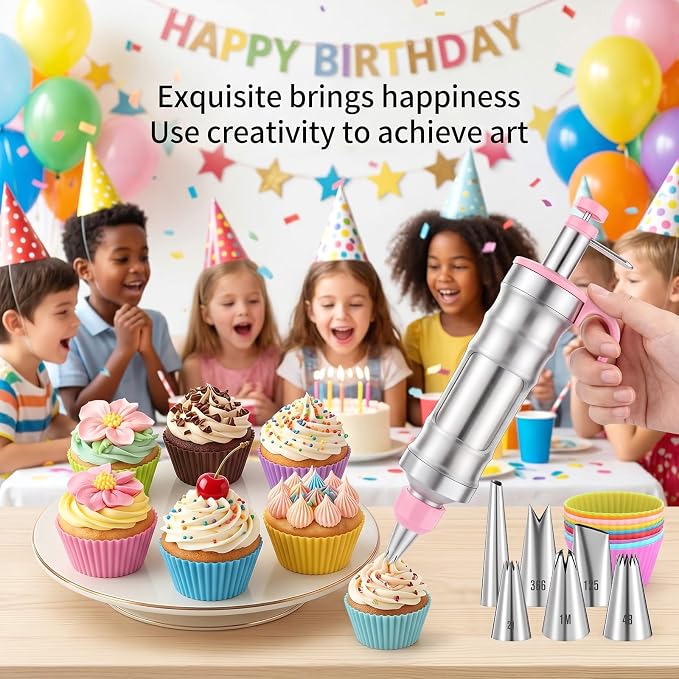 Dessert Decorating Syringe Set, Including 6 Piping Tips & 9 silicone cupcakes, Stainless Steel Frosting & Icing Piping Kit for Cake Decorating Tools Cupcake Decor