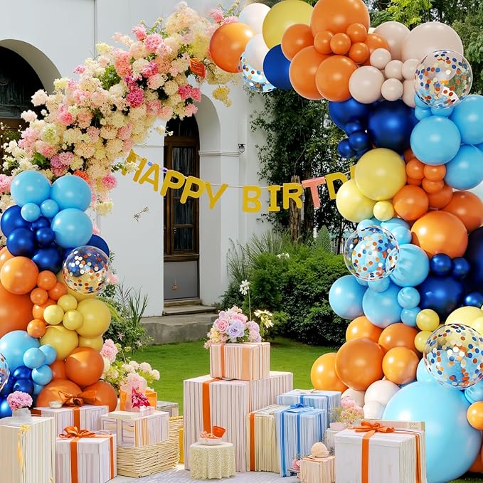 Blue Orange Balloon Garland Arch Kit, 143Pcs Navy Blue Yellow Sand White Confetti Balloons for Birthday Baby Shower Gender Reveal Decorations