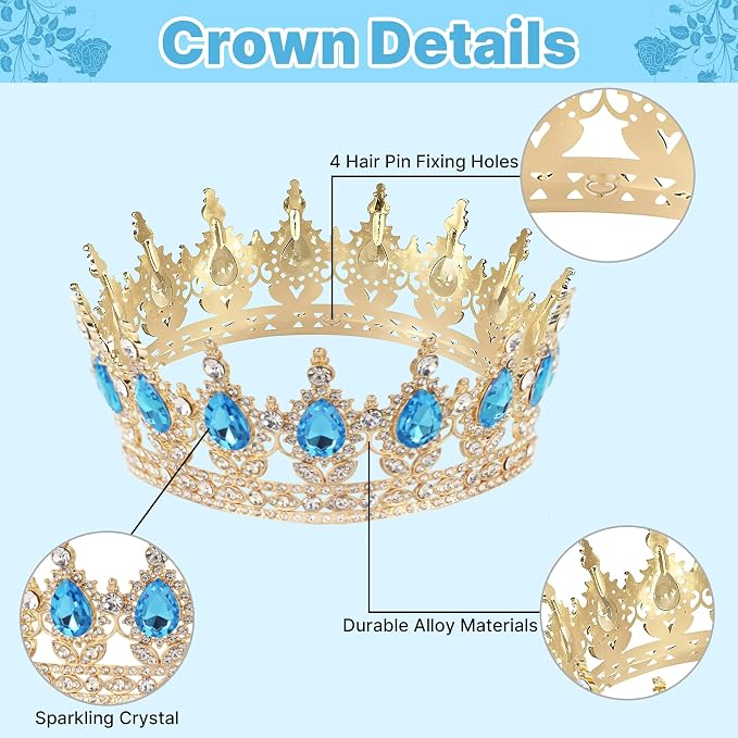 Crown Cake Topper, Blue & Gold Crown Balls Happy Birthday Cake Toppers Candles Butterfly, Corona Para Pastel, Crown Cake Decorations for Women Queen Princess Men (Gold, Lake Blue)