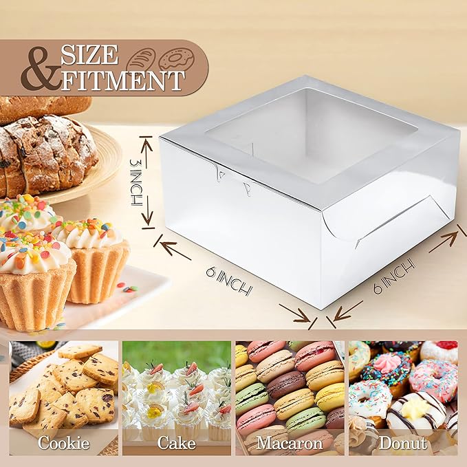 KPOSIYA 65PCS Bakery Boxes with Window 6x6x3 Inches 5 Style Cookie Boxes Small Pastry Boxes for Candy, Dessert, Pastry, Donuts, Birthday Party, Wedding(Silver)