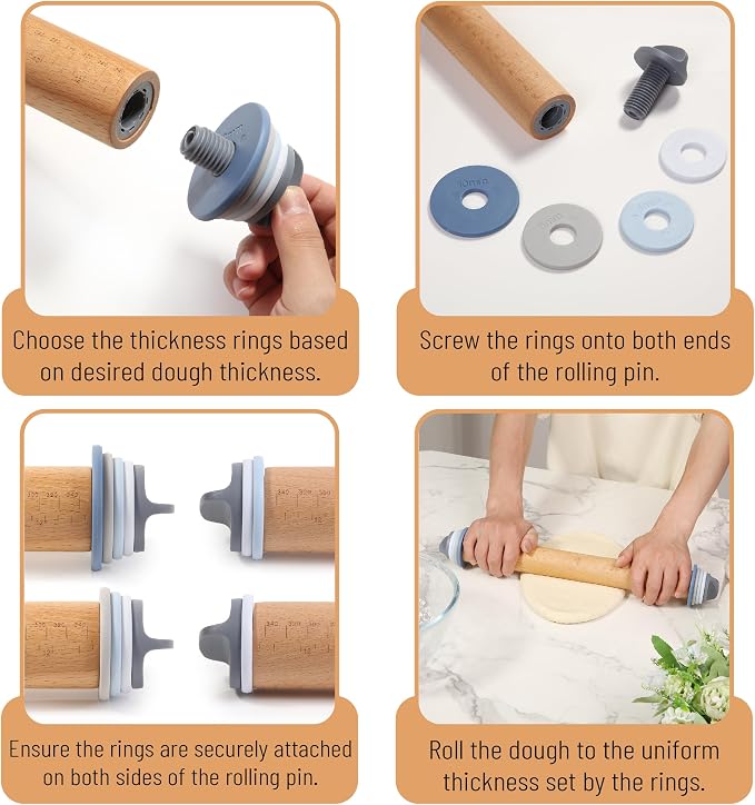 BAMBOO LAND- Adjustable Rolling Pin with Thickness Rings, 13.8", 4 Rings | 2-10 mm / 1/16"-3/8", Wood Rolling Pins for Baking Bread, Pizza, Doughs