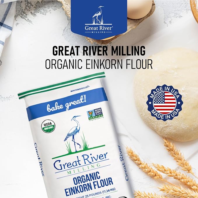 Great River Organic Milling Organic Einkorn Flour | Ancient Whole Wheat Flour | Non-GMO, Kosher, High-Protein | Nutrient-Rich, Healthier All-Purpose Flour Alternative for Baking | 25 Lb (Pack of 1)