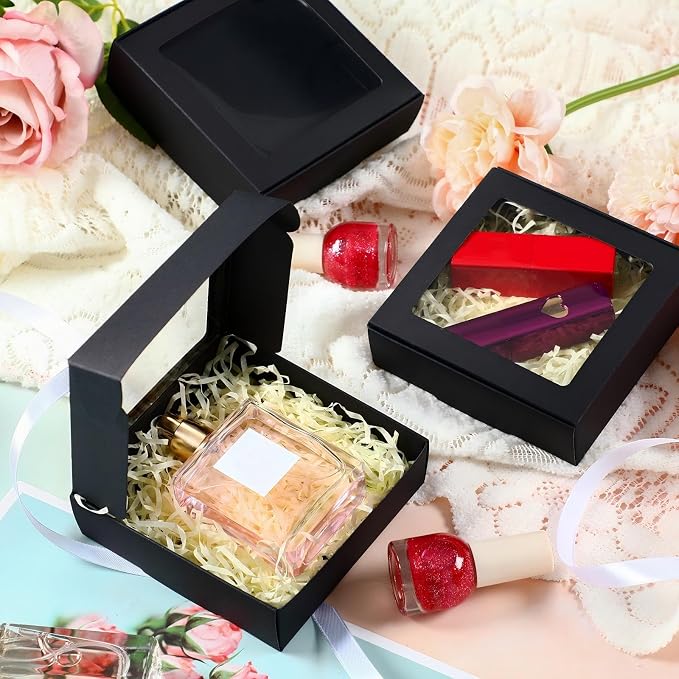 Zonon 30 Pcs Kraft Paper Boxes with Window 4.13 x 4.13 x 1.18 Inch Candy Packaging, Small Gift Boxes, Soap holder, Mini Treat Packaging for Bakery Chocolate Jewelry Display (Black)