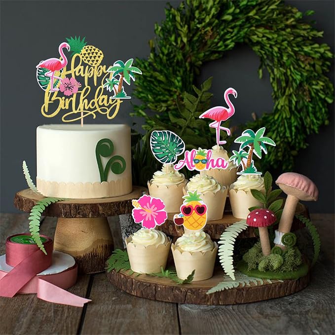 25 PCS Tropical Luau Cupcake Toppers with Happy Birthday Flamingo Cake Topper Palm Tree Flamingo Pineapple Aloha Cupcake Picks Decorations for Hawaiian Luau Theme Birthday Party Supplies