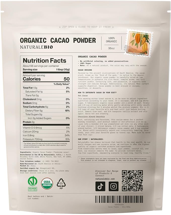 NaturaleBio Cacao Powder Organic 35oz. Unsweetened, Non-Alkalized and Pure. Cocoa Powder Substitute with Rich Dark Chocolate Flavor. Non-GMO, Gluten Free, Tested for Heavy Metals. From Raw Cacao Beans