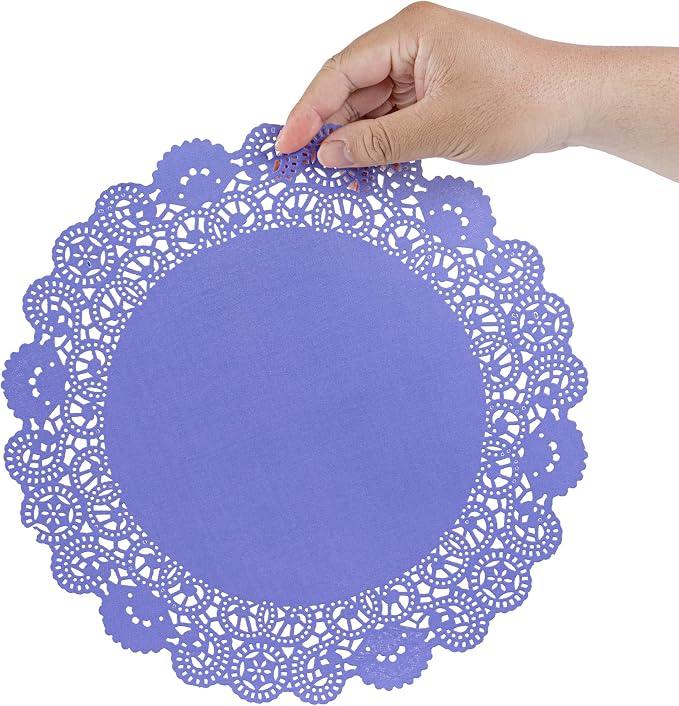 Pastry Tek 12 x 12 Inch Paper Lace Doilies, 100 Disposable Table Doilies - Elegant Lace Finish, Long Lasting, Purple Paper Doily, for Pastries, Cupcakes, Desserts - Restaurantware