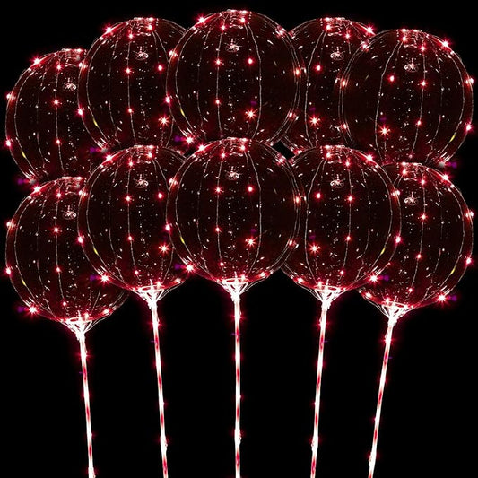 LED Balloons Light Up, 10 Pack LED Balloons with Sticks, 20 Inch Clear Bobo Balloon with Lights Helium Glow Bubble Lights for Party Supplies Valentines Decor (Red)