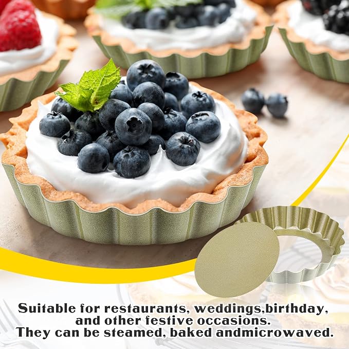 Uiifan 32 Pcs Mini Tart Pans, 4 Inch Nonstick Egg Tart Molds with Removable Bottom, Round Fluted Quiche Pan for Pie, Mousse Cake, Dessert Baking,Cheesecake, Gold
