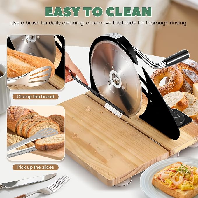 Huanyu Manual Bread Slicer Upgrade Foldable Sourdough Cutter Versatile Hand Crank Stainless Steel Blade Adjustable Thickness with Scale Line & Suction Cup for Homemade & Commercial Use Black