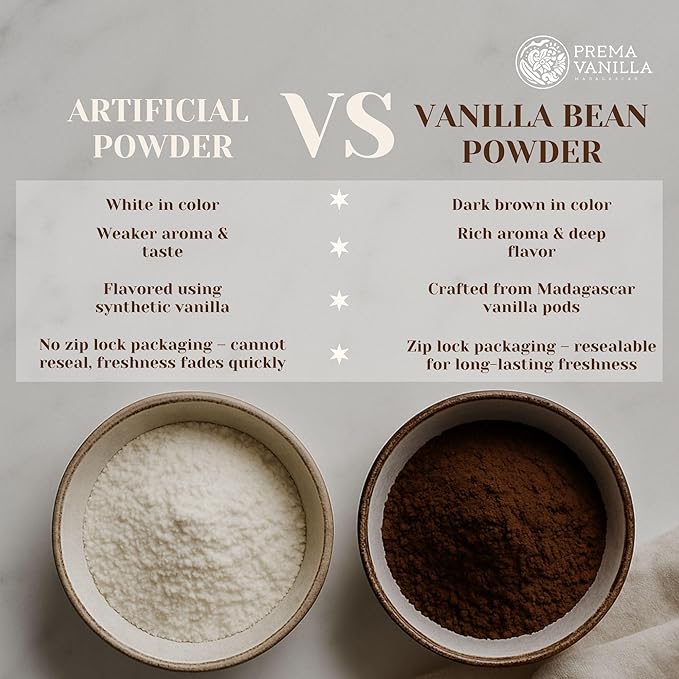 PREMA VANILLA - 0.49 Oz (14 g) - Pure Ground High Quality Madagascar Vanilla Bean Powder for Coffee, Baking, Cooking, Desserts and Smoothies - Natural Vanilla Extract Powder, No Artificial Ingredients