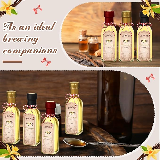 Tioncy 12 Pcs Vanilla Extract Bottles for Homemade Vanilla Jar Glass Square Bottle with Cap Shrink Band Sticker Syrup Food Storage Canister for Liquids Bean Sauce Spice Gift Giving(Mixing,5 oz)