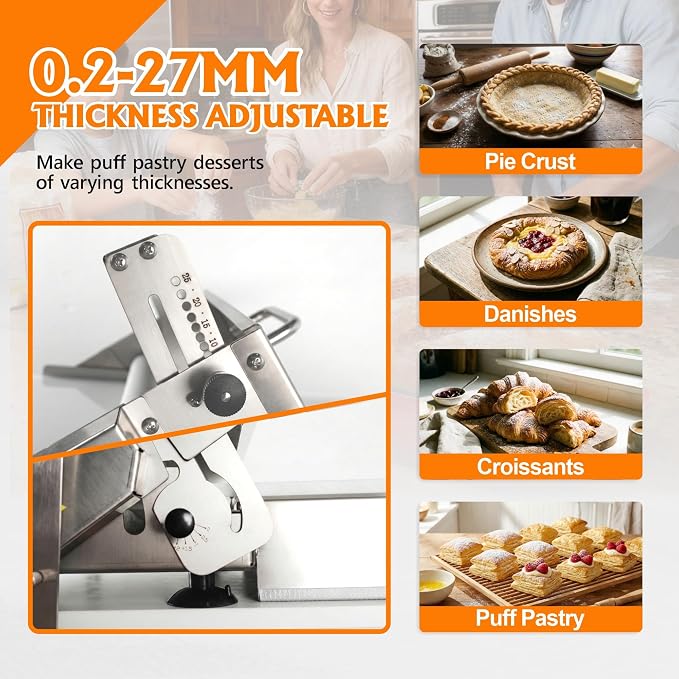12" Folding Manual Dough Sheeter, Portable Stainless Steel Dough Roller with Non-Stick PE Rolling Board, 0.2-27mm Precise Thickness Adjust, for Home & Commercial Baking