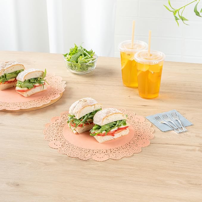 Restaurantware-Pastry Tek 12 x 12 Inch Paper Lace Doilies, 4000 Disposable Table Doilies - Elegant Lace Finish, Long Lasting, Coral Paper Placemat, for Pastries, Cupcakes, Desserts
