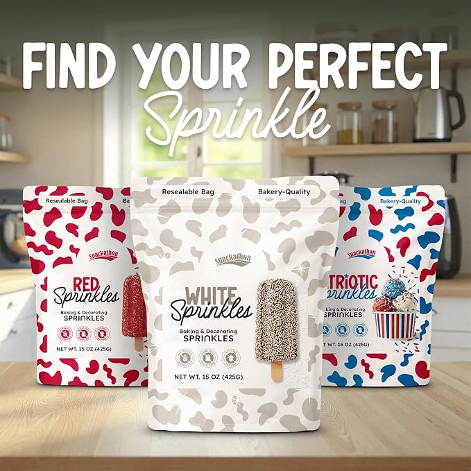 Snackathon White Sprinkles for Baking & Decorating, 15 oz Classic White Jimmies in Resealable Pouch – Gluten Free Sprinkles for Ice Cream Toppings, Cakes, Cupcakes & Desserts
