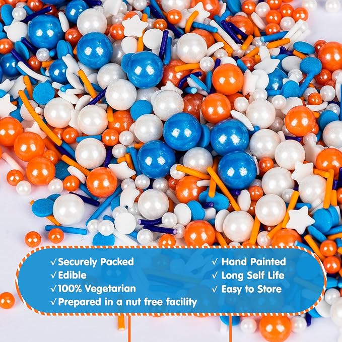 Edible Blue Orange Sprinkles for Cake Decorating,130g White Stars Pearls and Jimmies Mix,Round Sugar Confettis Sprinkle,Cupcake,Cookies,Donut,Basketball Soccer Sports Themed Holiday Dessert Toppings,Birthday Celebration Supplies