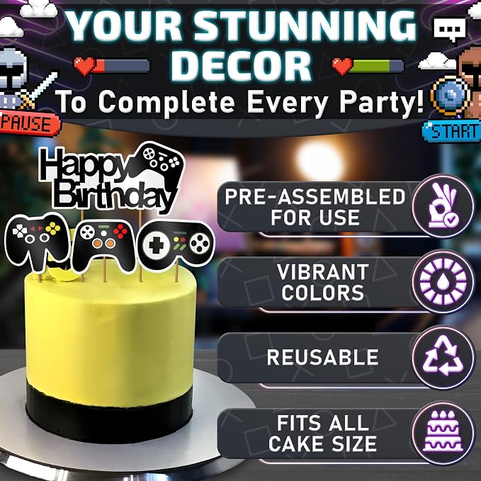 13 Pcs Gamer Cake Topper - Sturdy Cardboard Gamer Cake Decorations with Detailed Gamepads, Video Game Cake Topper Easy & Firm Installation Sticks - Splashy Video Game Decorations for Boys & Girls
