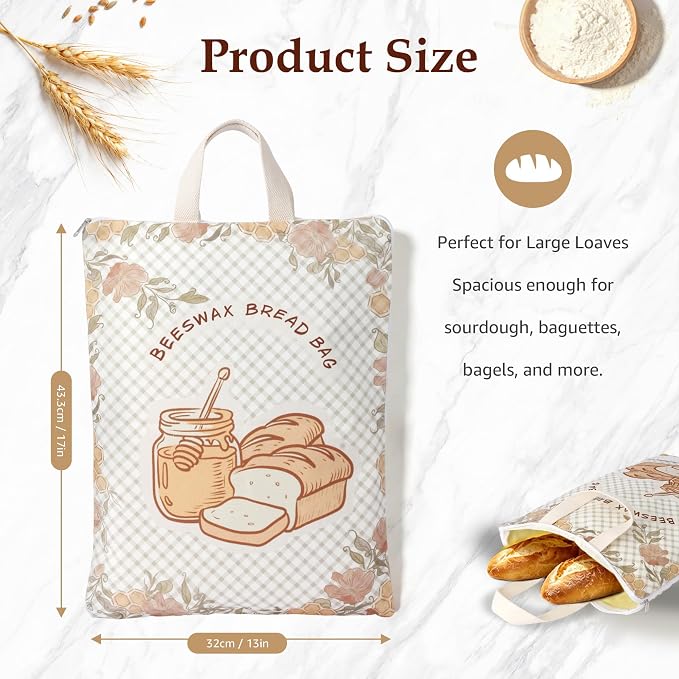 2 Pack Beeswax Bread Bags for Sourdough, 17x13 Inch Reusable Cotton Bread Storage Bags with Zipper and Handle Natural Beeswax Lining Freezer Friendly with 10 Food Labels Included (Floral Honeycomb)