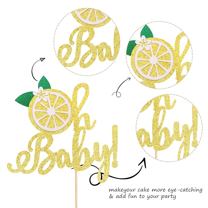 1 PCS Lemon Oh Baby Cake Topper Assembled Glitter Fruit Theme Oh Baby Lemonade Party Cake Pick for Lemon Theme Baby Shower Kids Boys Girls Birthday Party Cake Decorations Supplies Gold