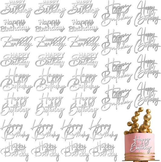 Barydat 50 Pcs Happy Birthday Cake Toppers Bulk Mirror Acrylic Cupcake Topper Decorations Happy Birthday Sign for Cake Inserts Decor Celebrate Anniversary Theme Party Supplies 10 Style(Silver)