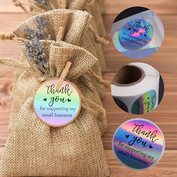 620pcs Thank You Business Cards & Stickers Set - Gold Foil, 100 Cards, 500 Stickers, 20 Resealable Bags (Holographic)