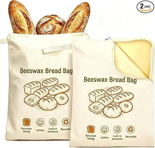 Beeswax Bread Bags for Sourdough, Reusable Linen Cotton Bread Storage Bags with L-Shaped Wide Zipper, Keeps Homemade Bread Fresh Naturally, 2 Pack XL 17"x13"