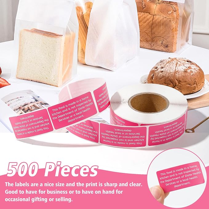 500 Count Cottage Food Law Labels Stickers, 2x1 Inch Made in a Home Kitchen Labels, Pink Cottage Law Labels for Homemade Bakery, Canning, Farmers Market Packaging, Home Kitchen (Pink-500, 2 x 1 Inch)