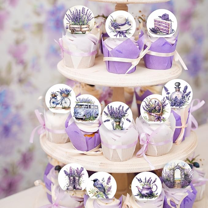 36PCS Edible Lavender Floral Cupcake Toppers Wafer Paper Purple Flowers Cake Picks Edible Lavender Bouquet Cupcake Toppers for Wedding Birthday Theme Floral Cake Decor Supplies