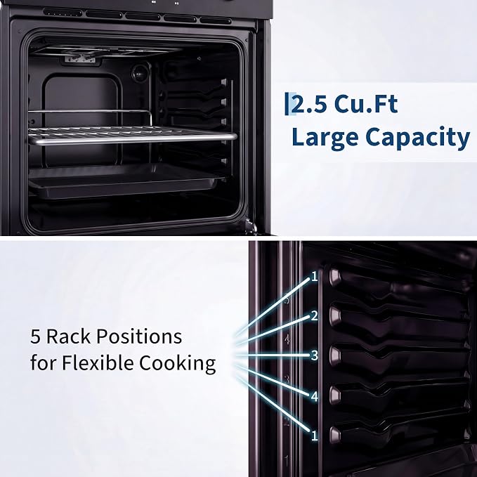 Garvee 24 Inch Built-in Single Wall Oven, 2.5 Cu.ft. Electric Oven with 5 Cooking Functions, 3000W Power, Touch and Knob Control, Low-e Glass Door & Cooling Fan, Easy Clean Enamel, Black