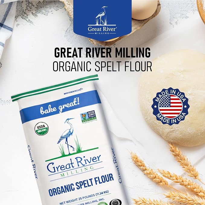 Great River Milling Organic Spelt Flour | Whole Grain Ancient Wheat Flour | USDA Organic, Non-GMO, Kosher | High Fiber, Mild Flavor | Ideal for Baking Breads, Muffins & More | 25 Lb (Pack of 1)