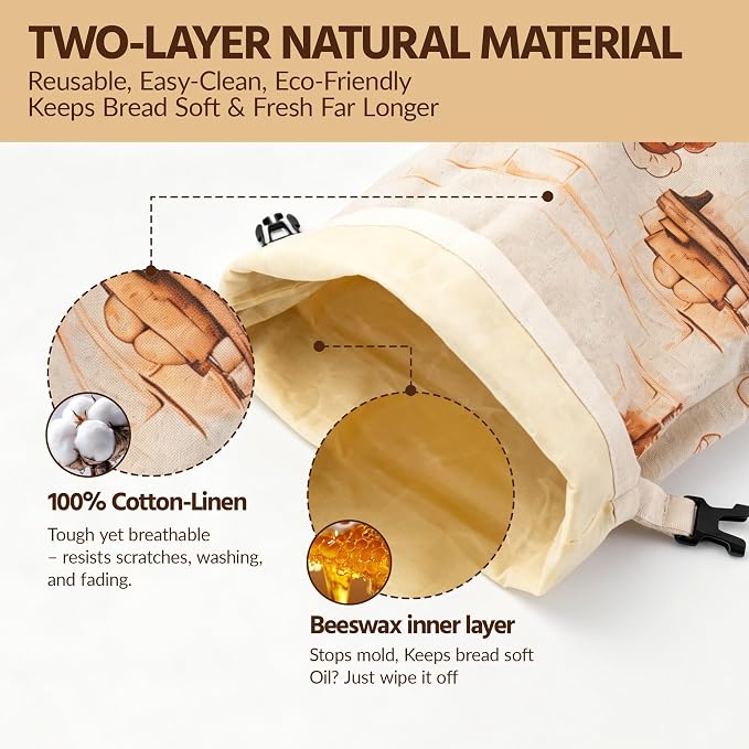 2 Packs Beeswax Bread Bags for Homemade Bread & Sourdough with Bowl Cover - 18"×13" XL Organic Cotton Linen Reusable Beeswax Bag - Safe Storage, Baking Supplies,Freezer-Safe