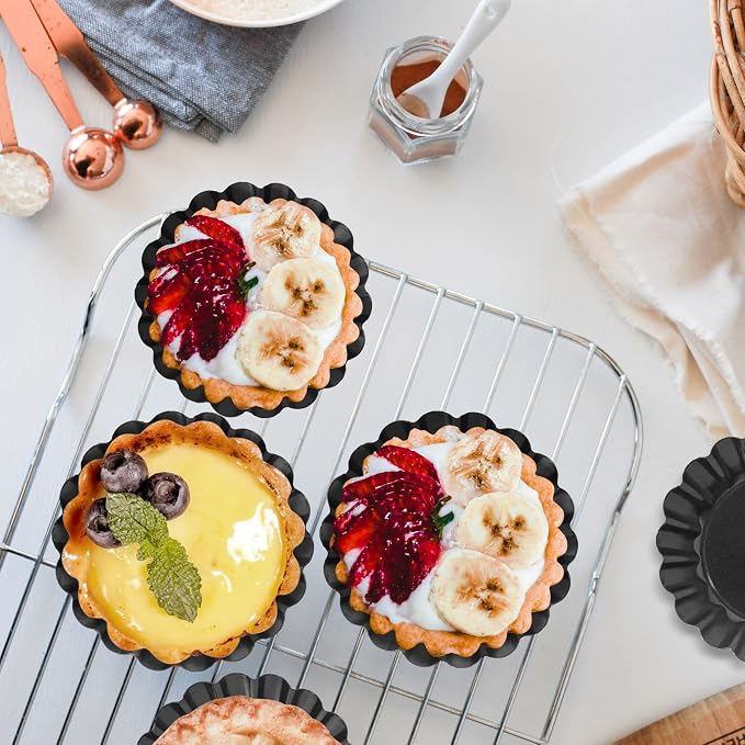 16 Pcs 4 Inch Tart Pans with Removable Bottom, Nonstick Mini Quiche Pan Fluted Sided, Round Tart Pans Carbon Steel for Baking, Fruit Tart, Pies (Dark Gray)