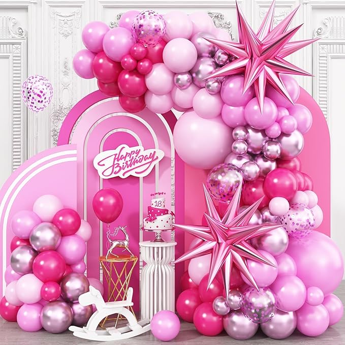Pink Balloon Garland Arch Kit with Star Foil Balloons, Metallic Pink Matt pink Hot pink Pastel pink Balloons Arch Kit for Girls Women Birthday Wedding Baby Shower Princess Theme Party Decorations