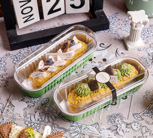 NPLUX 50 PACK Mini Cake Pans with Lids and Spoons, Rectangular Aluminum Foil Bread Pan, Mini Loaf Pans and Food Containers with Lids for Graduation Gifts Party Favors(Grass Green, 6.8oz)