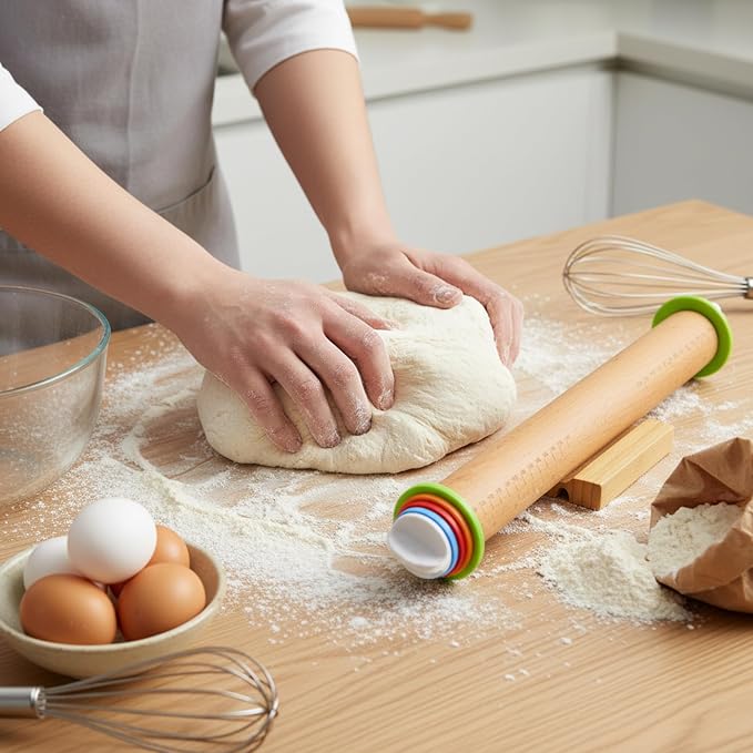 Adjustable Rolling Pin with Thickness Rings, Wood Dough Roller | natural beech wood, 8 plastic thickness rings, double-sided wooden stand, 17/14 inch, for pizza pasta cookies fondant clay