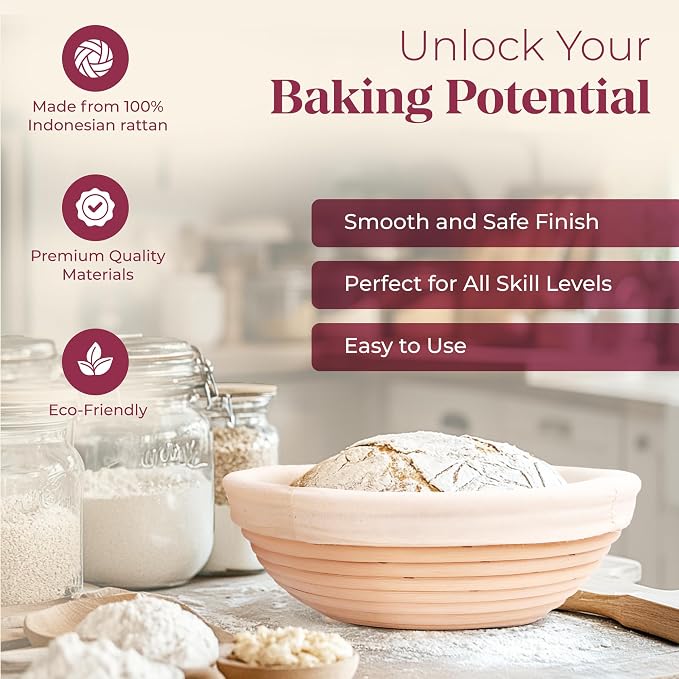 Sourdough Bread Baking Supplies with 2 Banneton Bread Proofing Basket Sizes - 16 Piece Sourdough Starter Kit Including Dough Whisk, Scraper, Lame, Apron for Artisan Bread Making