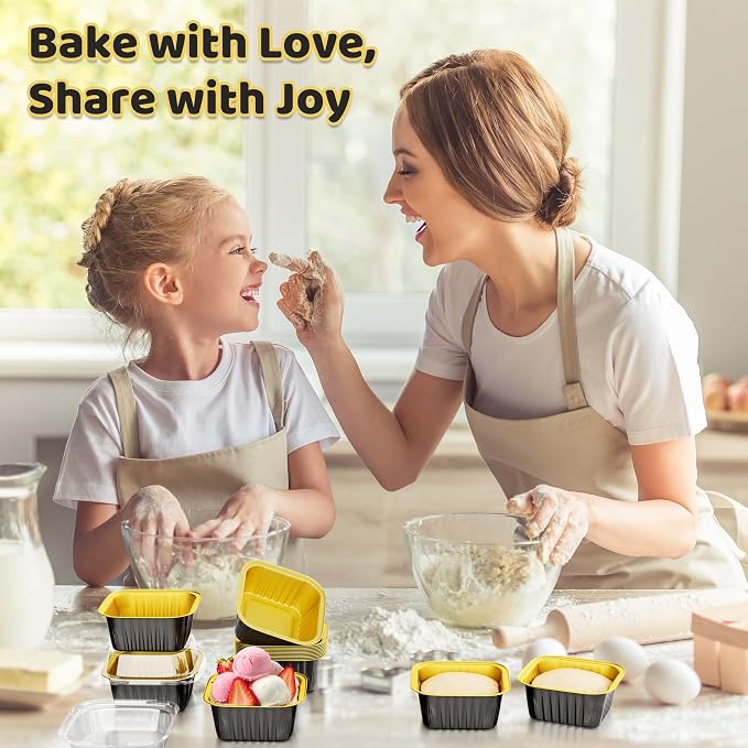 40 Pack 5 OZ Mini Cake Pans with Lids, Disposable Square Aluminum Foil Brownie Baking Cups, Mini Aluminum Foil Cupcake Muffin Tin Ramekins, Flan Molds Cake Containers for Wedding Birthday Party, Black
