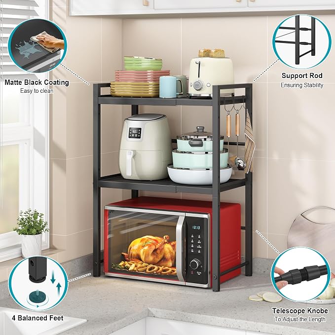 DOLALIKE Microwave Oven Rack, Expandable Microwave Stand Countertop Kitchen Utensils Tableware Storage, Carbon Steel Over Microwave Shelf Countertop with 3 Hooks