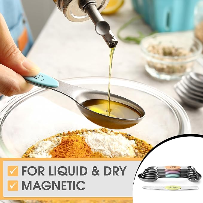 Spring Chef Stainless Steel Magnetic Measuring Cups, Set of 7 & Heavy Duty Magnetic Measuring Spoons, Set of 8 with Leveler - for Dry and Liquid Ingredients - 2 Product Bundle - Pastel