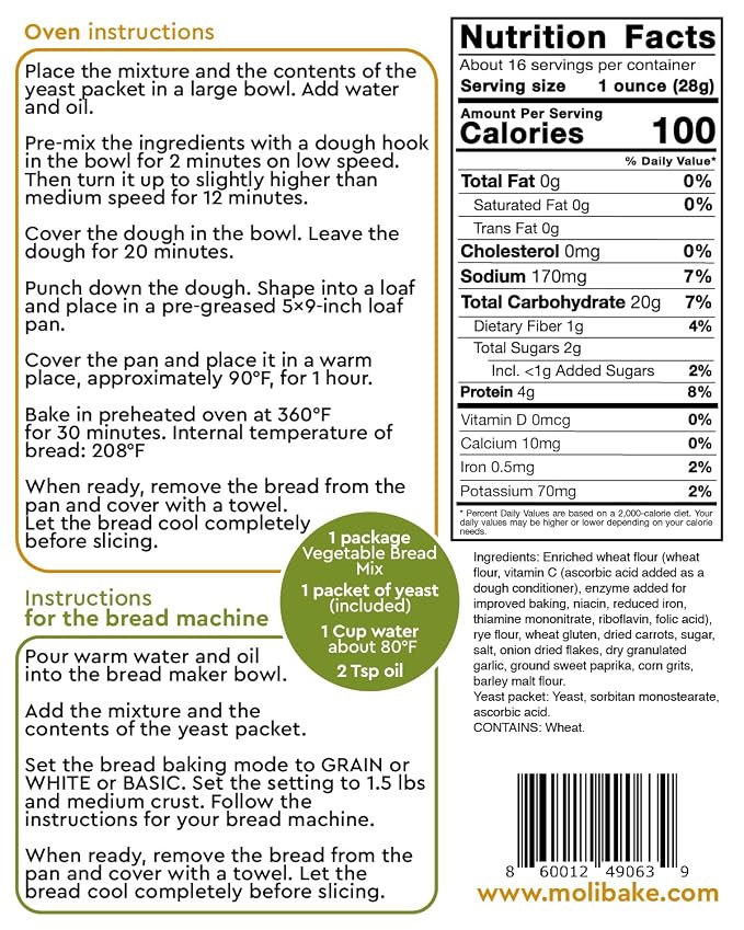Molibake Vegetable Bread Mix - All-Natural Vegetable Bread Mix for Bread Machine and Oven Baking - 15 oz