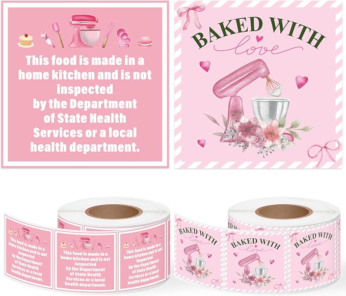 1000 Count Cottage Food Law Labels Stickers Roll Pink Baked with Love Made in a Home Kitchen Inspection Statement Decals DIY Crafts for Homemade Bakery Baked Food Canning Packaging, 1.5 x 1.5 Inch