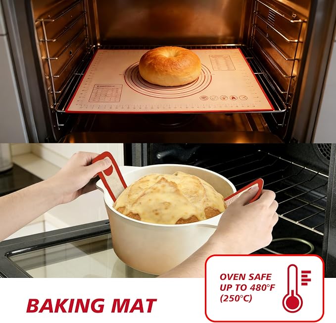 Silicone Baking Mat 3-Piece Set:1Pcs 27x19 inch Non-Slip Pastry Rolling Mat with Measurements &2Pcs Silicone Bread Sling for Sourdough Tools | Non-Stick, Dishwasher Safe, Reusable Baking Accessories