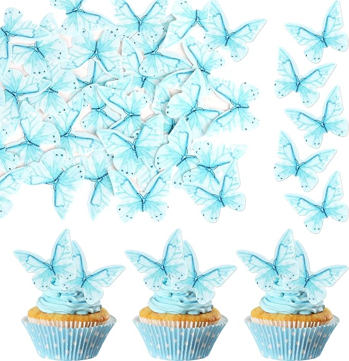 48 PCS Edible Butterfly Cupcake Toppers - Wafer Paper Butterflies & Cupcake Picks for Butterfly Theme Baby Shower, Wedding, Birthday Party - Blue
