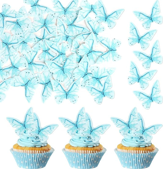 48 PCS Edible Butterfly Cupcake Toppers - Wafer Paper Butterflies & Cupcake Picks for Butterfly Theme Baby Shower, Wedding, Birthday Party - Blue