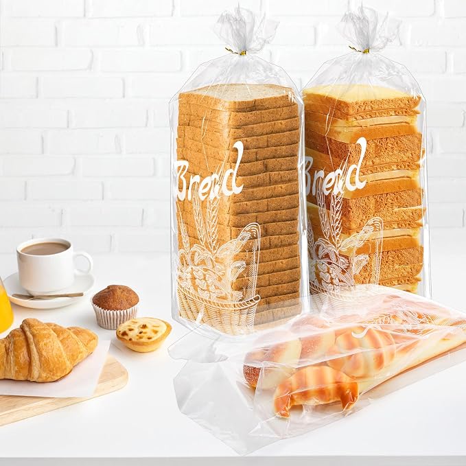 Nicunom 200 Pack Bread Loaf Packing Bags with Ties, Printed Bread Bag for Homemade Bread or Bakery, 8” x 4” x 18”, Reusable Plastic Bread Bags, Large Bread Storage Bags Adjustable