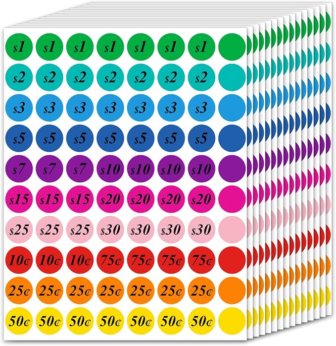 1600 Pcs 3/4 Inch Garage Sale Price Stickers Pre-priced for Flea Markets, County Fairs & Retail, Labelchoice 10 Assorted Colors Round Yard Sale Price Stickers, Strong Adhesive Circle Pricemarker Label