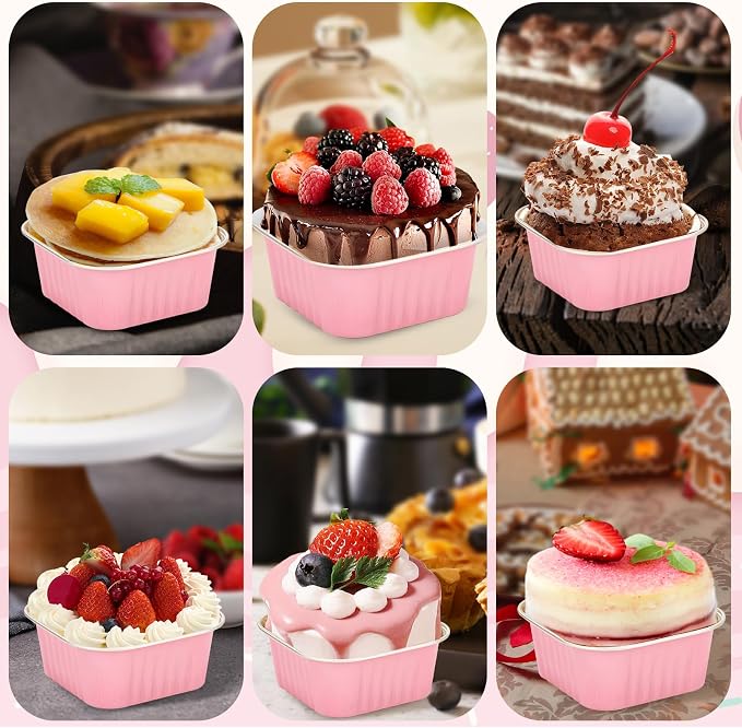100Pack 5oz Pink Mini Cake Pans with Lids, Spoons and Stickers Baking Cups Aluminum Foil Pans Tins, Individual Dessert Cups Containers for Sales,Party,Picnics